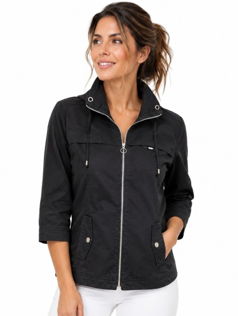 Studio Works Women 3/4 Sleeve ZipUp Cotton Black Zip-Front Utility Jacket (Sz:L)